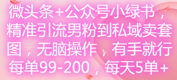 微头条+公众号小绿书，精准引流男粉到私域卖套图，无脑操作，有手就行，每单99-200，每天5单-Zv东方