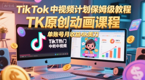 TikTok中视频计划保姆级教程，TK原创动画课程，单账号月收益4k美刀-Zv东方