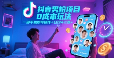 抖音男粉项目0成本玩法，一部手机即可操作，日均4张+，时间自由-Zv东方