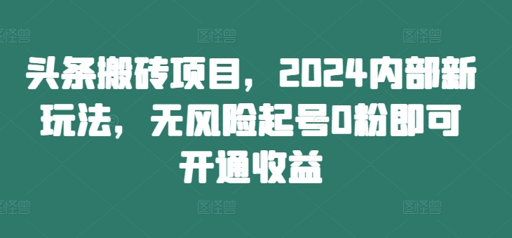 头条搬砖项目，2024内部新玩法，无风险起号0粉即可开通收益-Zv东方