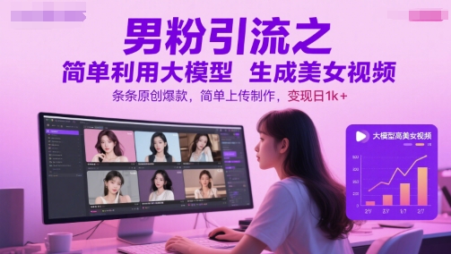 男粉引流之简单利用大模型生成美女视频，条条原创爆款，简单上传制作，变现日1k+-Zv东方