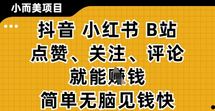 小而美的项目，抖音小红书B站视频点赞、关注、评论就能挣钱，简单无脑立见收益，妥妥的零撸项目【揭秘】-Zv东方